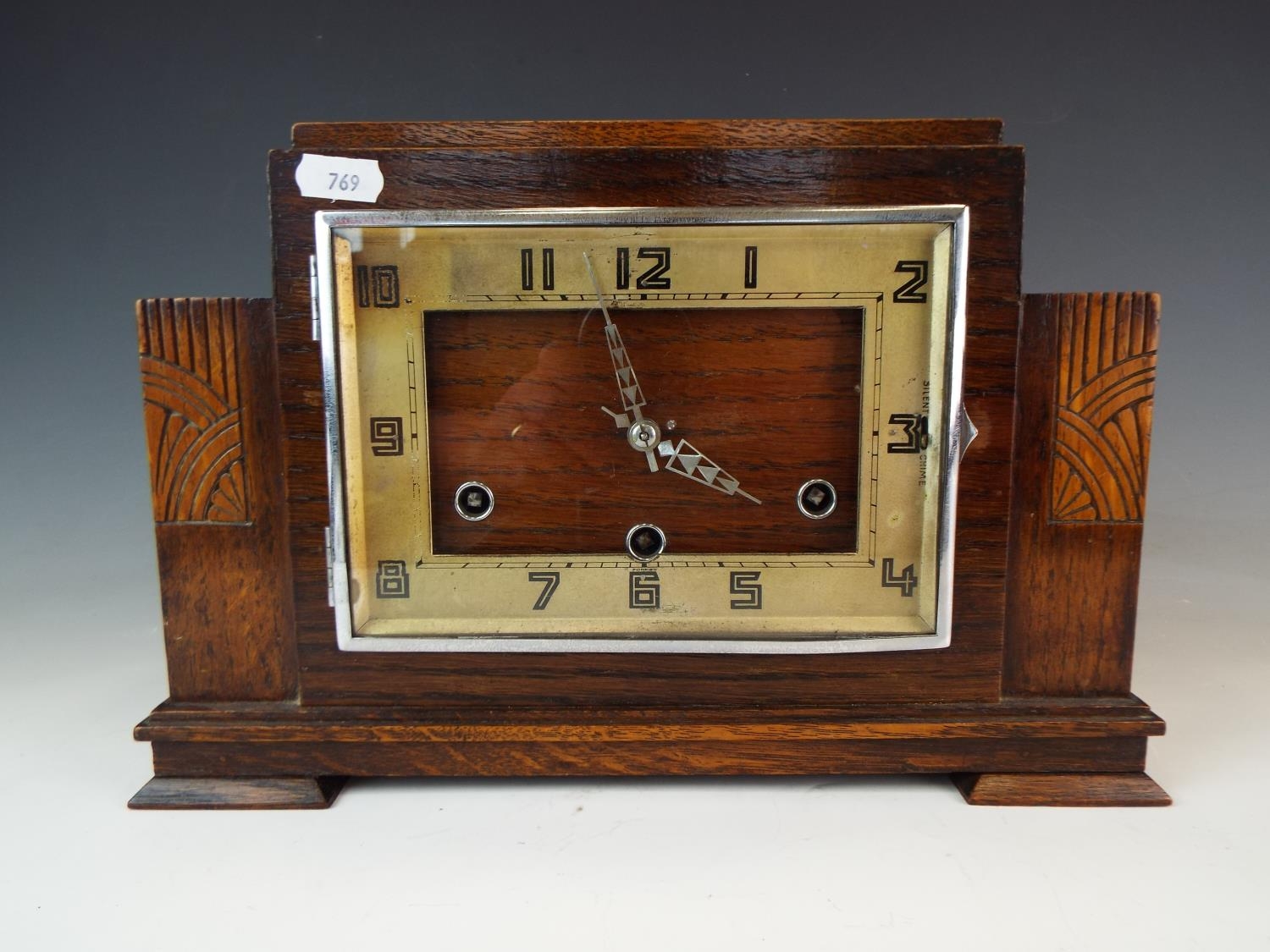 1940's Art Deco style oak cased chiming mantle clock. All present but