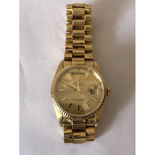 A Gentleman's Oyster perpetual Day-Date wristwatch by Rolex, 18 carat gold, 3.5cms case width. Model number 18038, Serial number 8672***. 1985. No box or paperwork