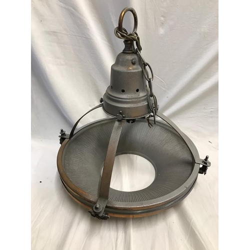 1206 - Seven large original hanging Holophane lights with galvanised brass fittings and hanging chains. 37c... 