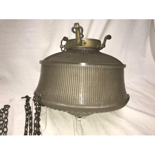 1207 - A Holyphane glass ceiling light 30.5cms w with clips and chain and ceiling hook drop to hanging hook... 