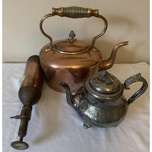1208 - Good quality 19thC copper kettle (ex Rillington Hall, North Yorkshire) Britannia metal teapot and a ... 