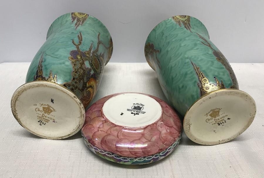 Pair of Crown Devon Mattajade pattern vases 16cms h x 10cms w together ...