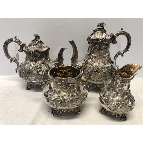 A 4 piece silver tea service by Fox family, London, various dates from 1839-1869, various makers marks to include Charles Thomas, Charles Thomas and George. Weight 2892gms.