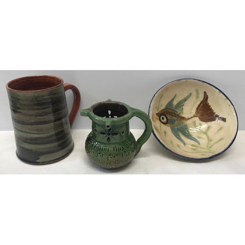 7 - Branham pottery Barum Devon puzzle jug with verse 9.5cms h, Wold Pottery mug 13cms h  and a studio p... 