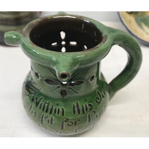 7 - Branham pottery Barum Devon puzzle jug with verse 9.5cms h, Wold Pottery mug 13cms h  and a studio p... 