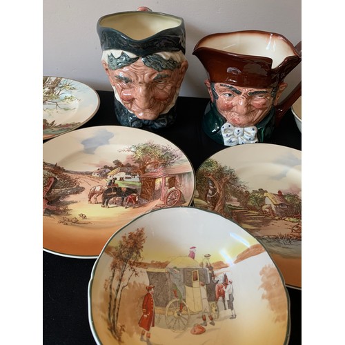 34 - Royal Doulton to include bowls, plates and two Toby jugs, Old Charley and Granny.