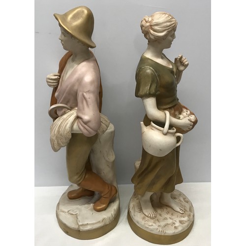 7A - A pair of Royal Dux figurines in Harvest Time. Male with wheat and female with apples. Approx. 54cm ... 