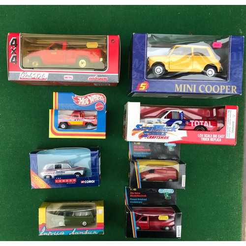55 - A mixed lot containing 8 boxed metal diecast vehicles. Lot includes 1070 Schabak VW Transporter, 106... 