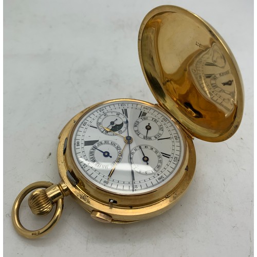 An 18ct gold hunter chiming pocket watch with subsidiary dials, second, date, month, sun and moon with side set repeater chime. 

Click to view video (Chiming pocket watch)