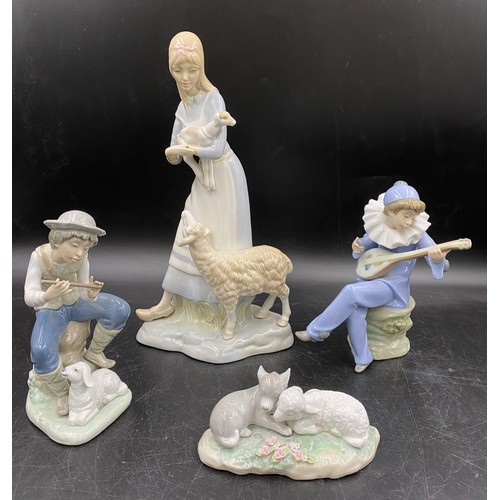 62 - Four figurines to include Lladro Nao Harlequin strumming a mandolin DA1SA 1988, 18cms,  Lladro Nao b... 