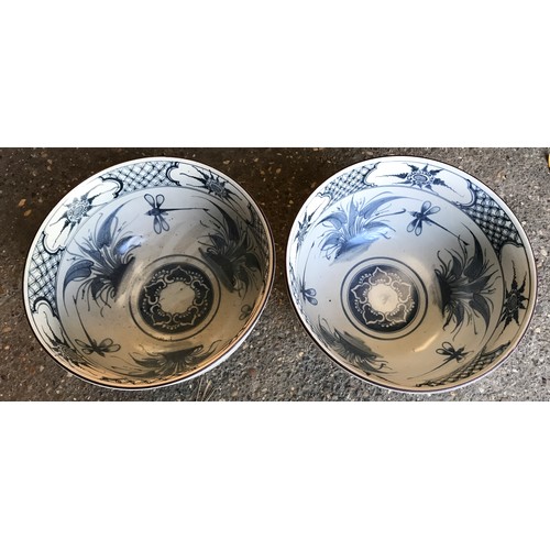 43 - A pair of blue and white pottery bowls with dragonfly and foliage decoration. 26cm w x 15.5cms h.