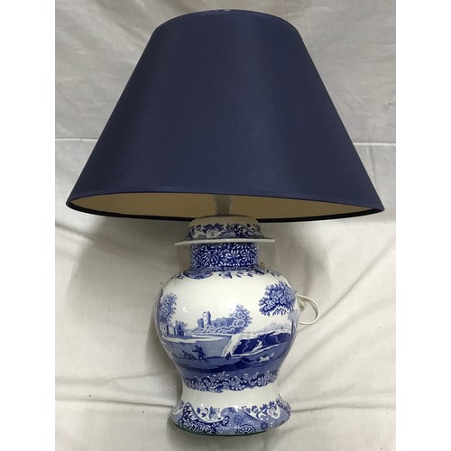 33 - Spode Italian blue and white lamp base with blue shade, height to shade 56cms.