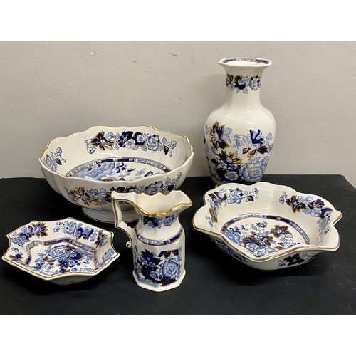 40 - Mason's Sapphire pattern to include jug, vase and three bowls. Vase 25cms h, jug 12cms, large bowl 2... 