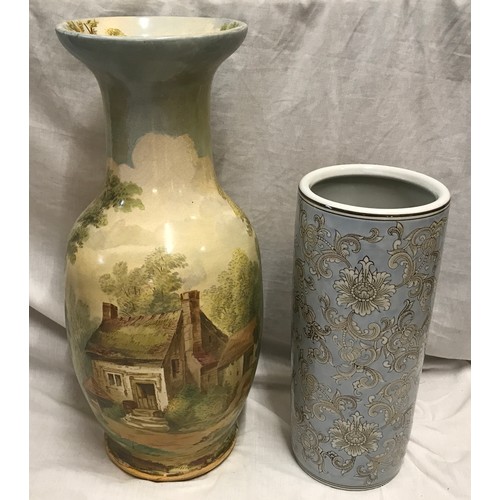 10 - A Victorian large hand painted vase, 65cms h painted with cottage scene and ruin Abbey together with... 