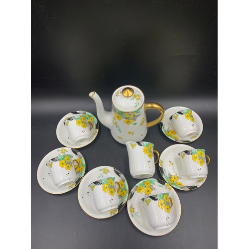 12 - Shelley coffee service, 6 cups and saucers, jug and coffee pot.