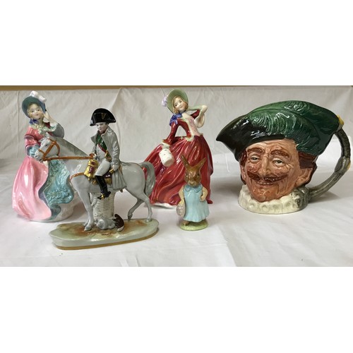 23 - Five character figurines: Toby jug of a cavalier, Royal Doulton 'Spring Morning' and 'Autumn Breezes... 
