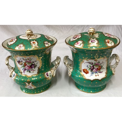 33 - A pair of large 19thC continental ice pails with floral panels on a emerald green and gold backgroun... 