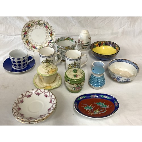 48 - A selection of ceramics to include a double handled farmers mug with verse to side, Masons Souch sea... 
