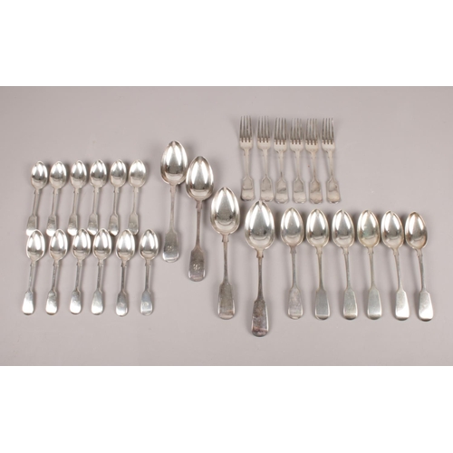 49 - Thirty six pieces of silver plated cutlery. To include, four serving, thirteen tea spoons & a fish k... 