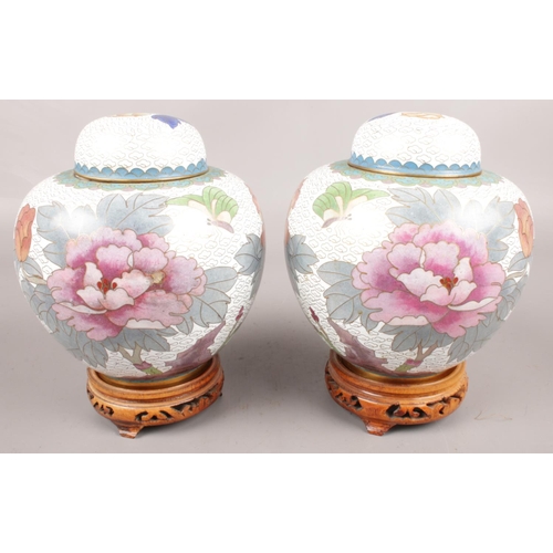 3 - A pair of large cloisonné ginger jars decorated with flowers. On oriental carved wooden stands. H:15... 