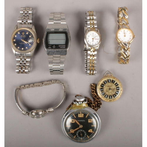 44 - A collection of watches. Including Ingersoll pocket watch, Seiko digital wristwatch, Lucerne pocket ... 