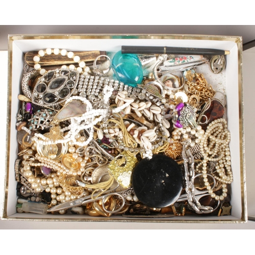 45 - A box of mostly costume jewellery. Including small quantity of silver jewellery, beads, earrings, br... 