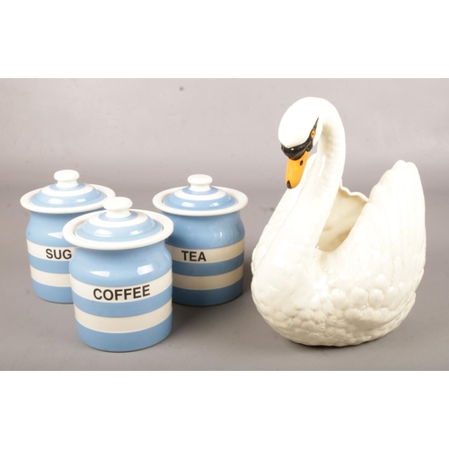 20 - A collection of ceramics. Includes TG Green Cornish ware storage jars and a Dartmouth swan.