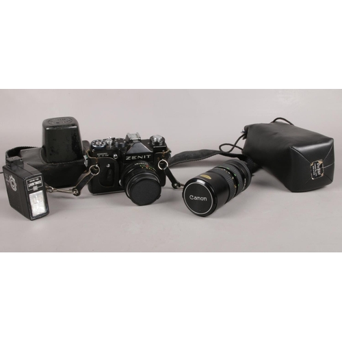 25 - Vintage photograph equipment. Zenit TTL camera (in case) Canon 70-150mm lens, Sunlight SL-200 flash.