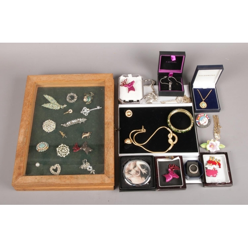 36 - A Framed Collection of Brooches and Stick Pins, together with a Small Selection of Costume Jewellery... 
