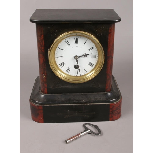 47 - A Black Slate and Marble John Mason Mantle Clock, with Original Key. In Working Order.