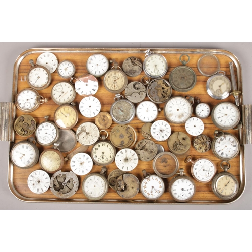 60 - A tray of pocket watches, fob watches, movements, parts etc. Includes yellow metal, white metal.