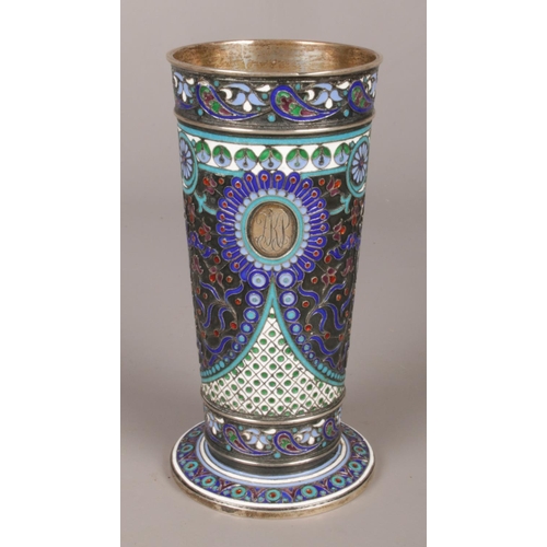 A 19th century Russian silver and shaded enamel beaker. Maker's mark for Antip Kuzmichev, Moscow. Dated 1895. 13.5cm. 265g.