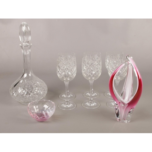 28 - A collection of glass wares. Decanter, Six hock wine glasses, glass dish etc.