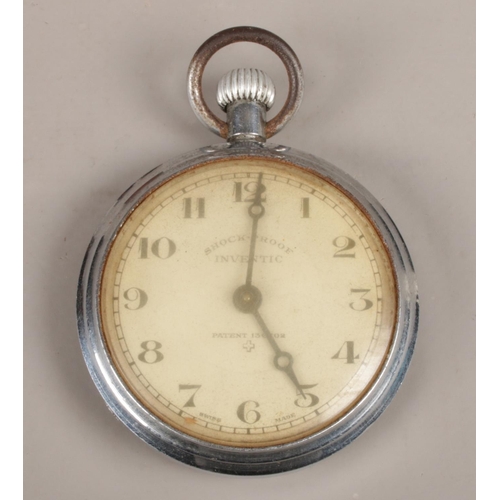 30 - An Inventic white metal pocket watch, housed in a miniature mahogany longcase clock stand.