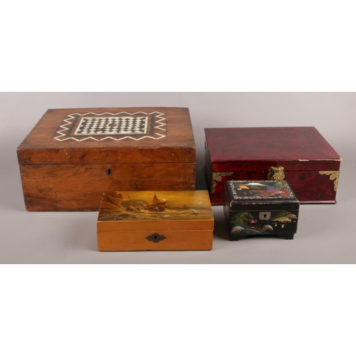 13 - Four assorted storage boxes. To include oriental musical jewellery box and large trinket box with ch... 