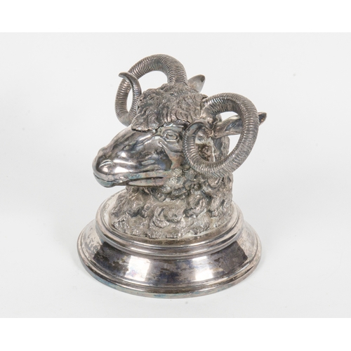 19 - A Victorian silver and plated rams head ink well, by James Dickson and sons of Sheffield. 
6.5 inch ... 