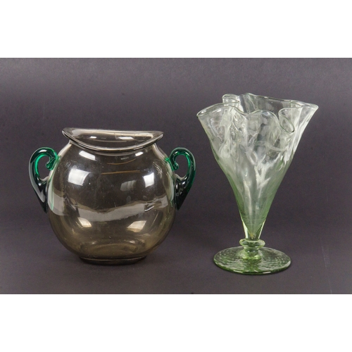 288 - Powell's Vaseline Vase along with one other with green ribbed handles.