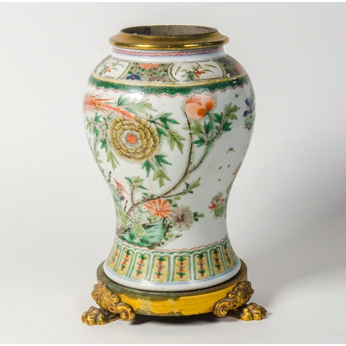 341 - A antique Cheng Lung Famille Verte ginger jar base, decorated with flowers and birds, with a later g... 