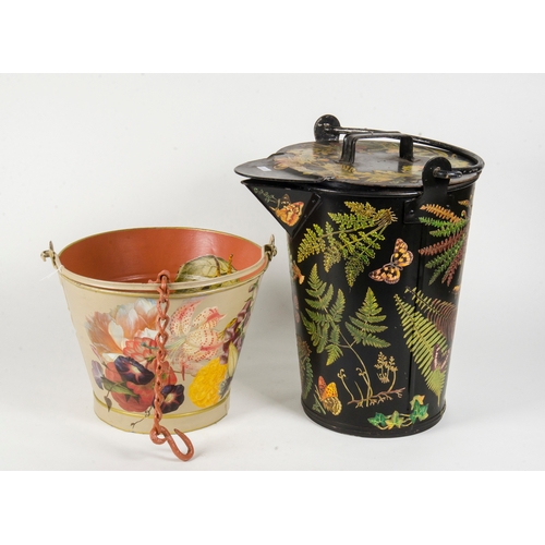 646 - A Decoupage coal scuttle, decorated with flowers, along with a hanging bucket.
