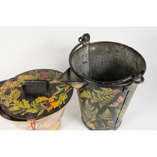 646 - A Decoupage coal scuttle, decorated with flowers, along with a hanging bucket.