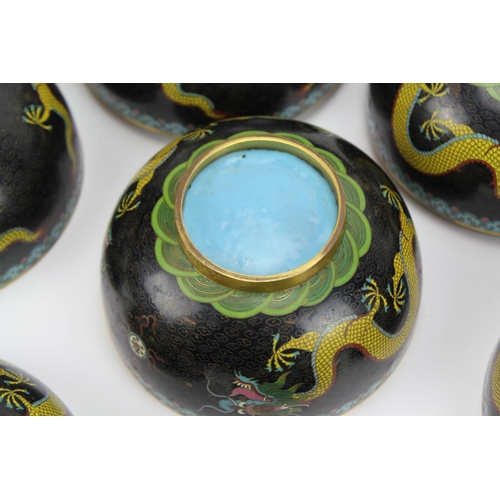 397 - An unusual Set of 12 Chinese Cloisonne Enamelled Yellow Five Clawed Dragons amongst flaming pearls i... 