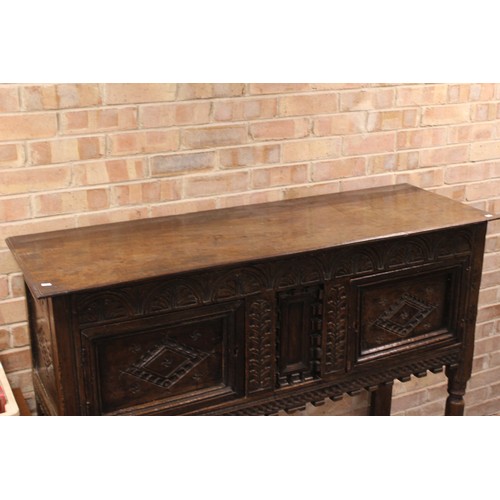 358 - A Victorian Jacobean Design Serving Side Board with Calved Decoration Resting on Squared Legs. Measu... 