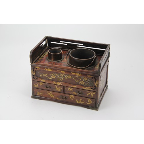 236 - A Japanese lacquered Maki and Hiramaki'e smokers box, with a fitted tray burner. Damage to top. AF