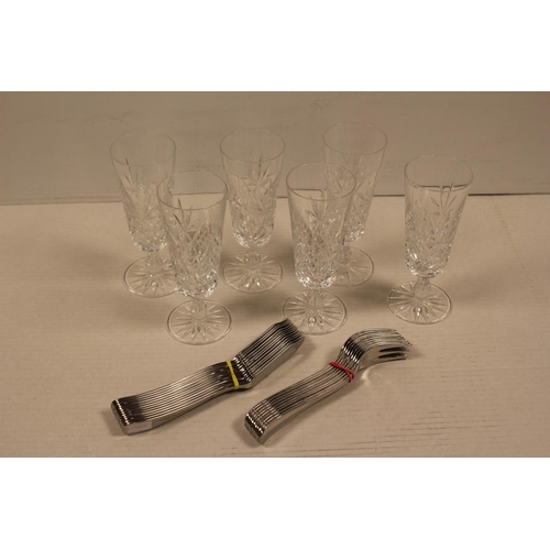 332 - A Collection of 6 x Cut Glass Champagne Glasses along with 9 x Pinti Stainless Steel Fish Forks & 12... 