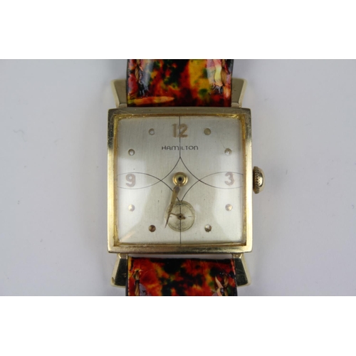 199 - A 14ct Gold Gent's Hamilton with a Square Case, Ivory Face & Leather Strap.