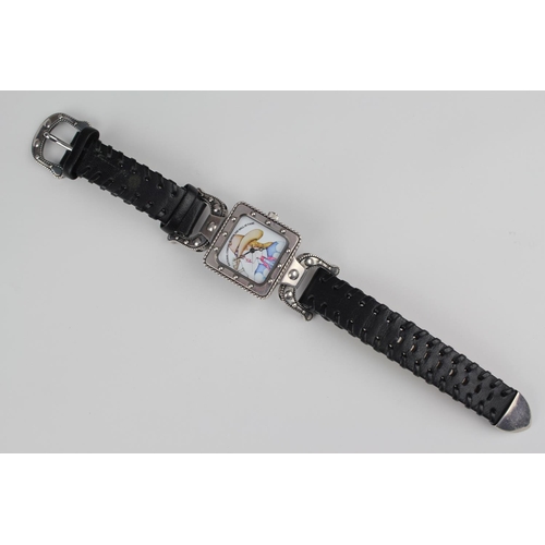 203 - A Silver Cased Ladies National Cow Girl Museum & Hall of Fame Wristwatch Black Leather Strap.