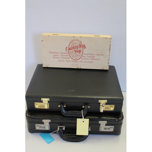 294 - 2 x Leather Attache Cases plus a Wooden Box.