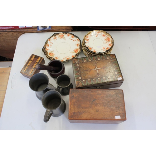428 - A 19th Century Oak Games Box, Art Nouveau Writing Slope, Pewter Mugs, Clifton China Tea Plates, etc.