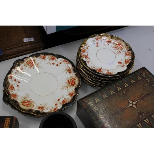 428 - A 19th Century Oak Games Box, Art Nouveau Writing Slope, Pewter Mugs, Clifton China Tea Plates, etc.