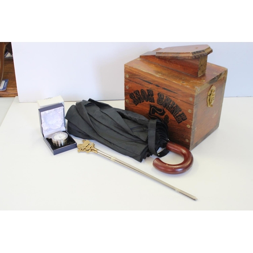 440 - A Shoe Shine Box with Brushes, Skewers, Clock & an Umbrella.